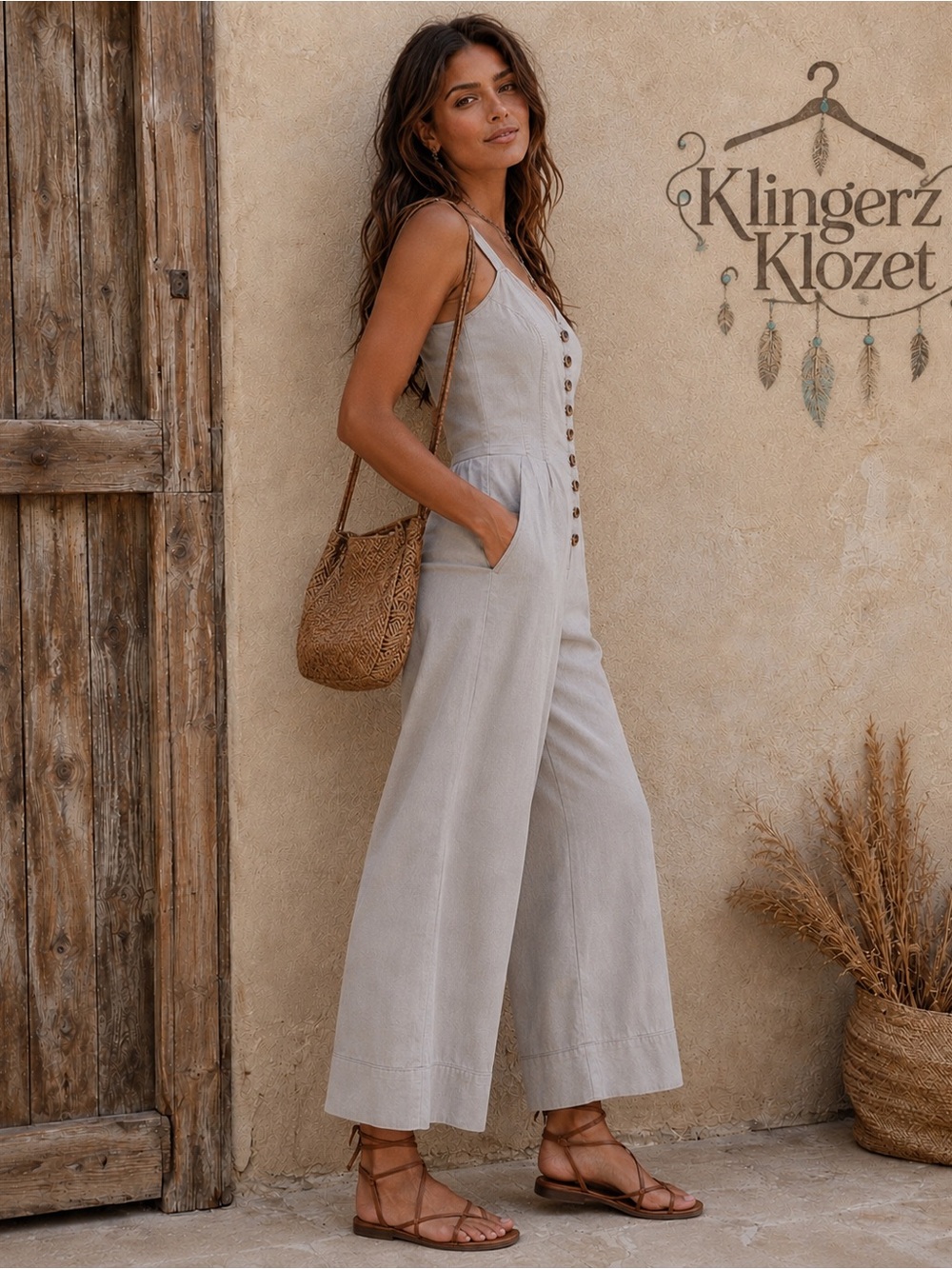 Universal Thread Goods Co. Gray Wide-Leg Jumpsuit Size 14 Boho Button Front - Picture 2 of 16